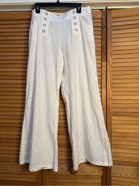Venus White Linen-Cotton Sailor Wide-Leg Pants NWOT Size 10
